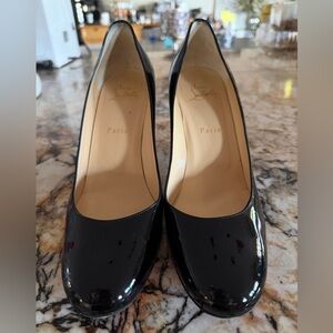 Christian Louboutin Lady Gena 85 Black Patent Leather Round-Toe Pumps